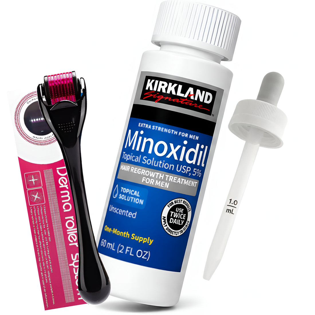 Minoxidil Kirkland 5% 60ml 1 Mes + Dermaroller con Estuche y Gotero