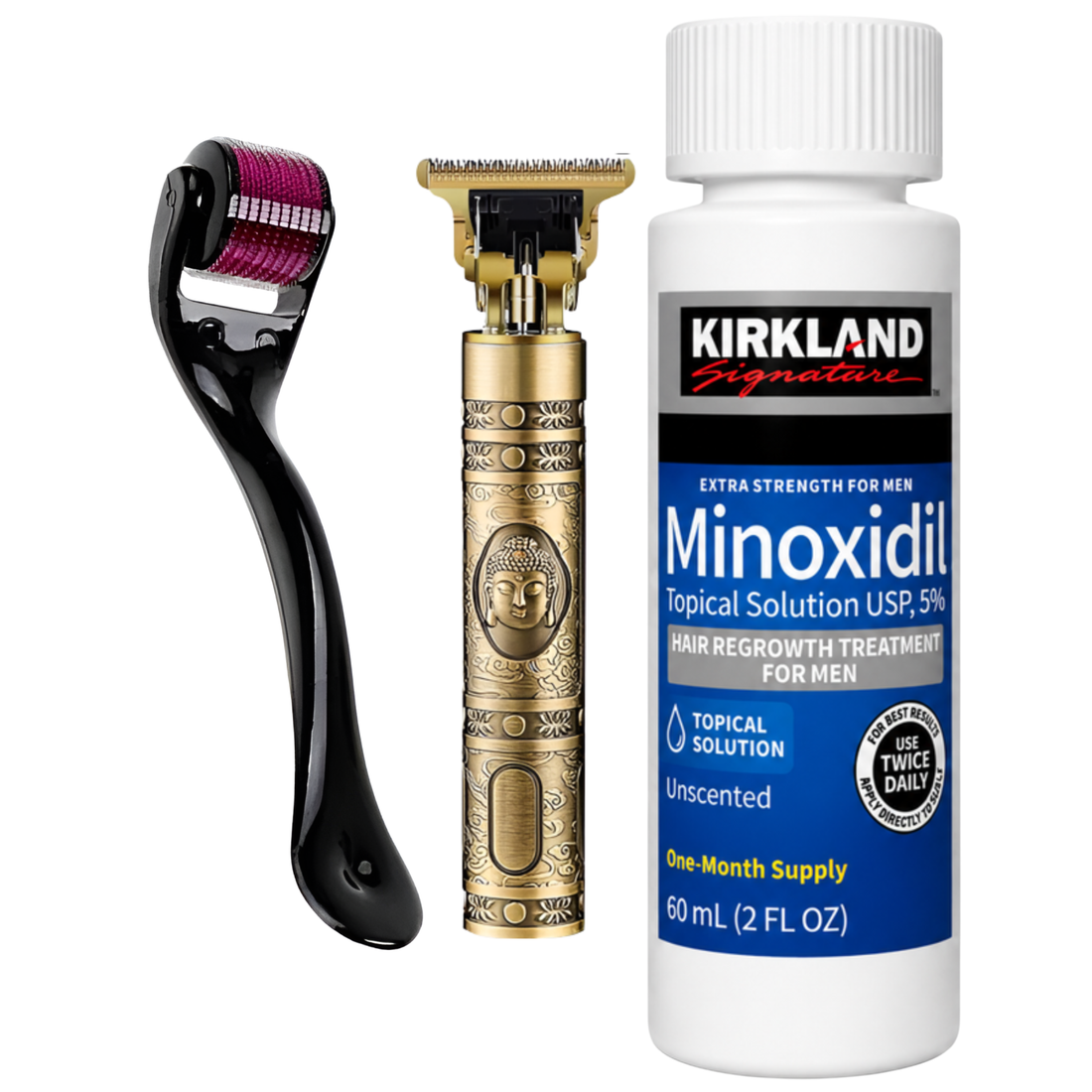 Minoxidil Kirkland 5% + Dermaroller Titanio y Máquina Trimmer T9