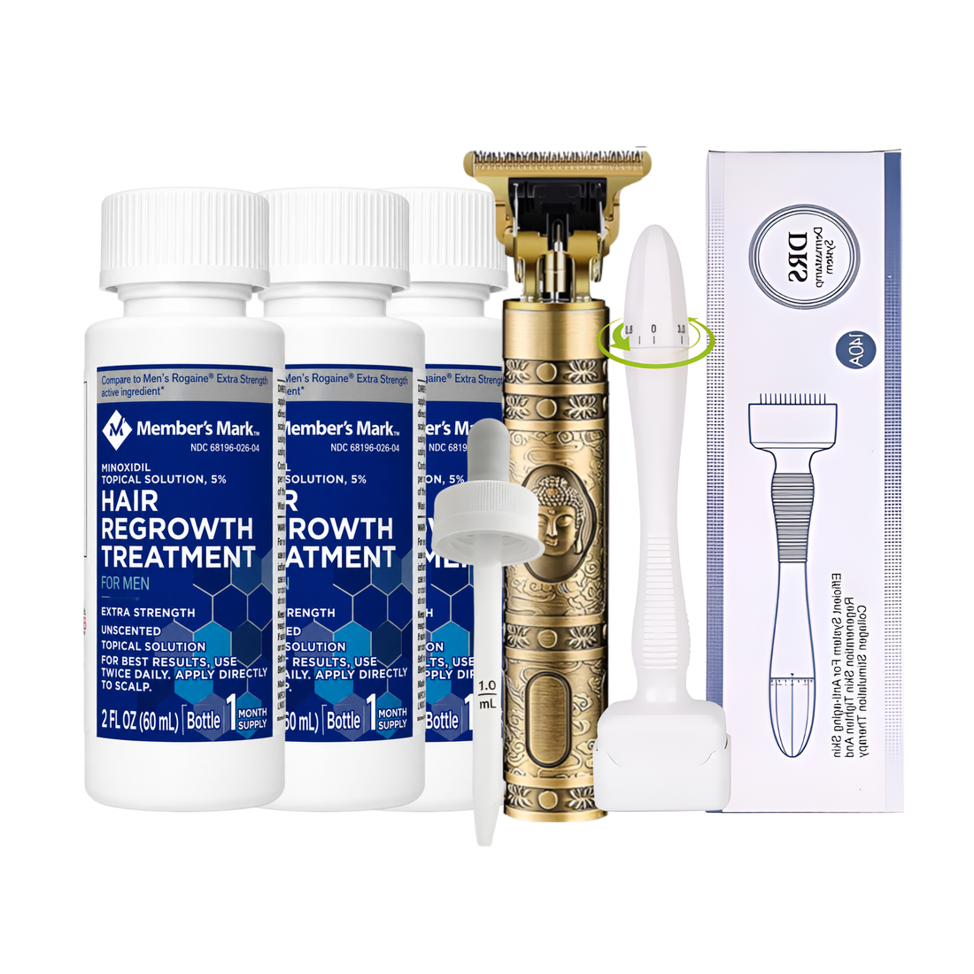 Minoxidil Member’s Mark 5% 3 meses + Dermaroller ajustable 05mm a 3 mm y Máquina Trimmer T9/T10
