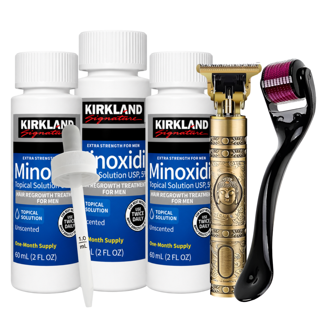 Minoxidil Kirkland 5% 3 Meses + Dermaroller y Máquina Trimmer T9