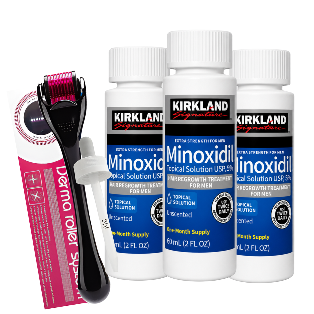 Minoxidil Kirkland 5% 180ml 3 Meses + Dermaroller Estuche +gotero original gratis