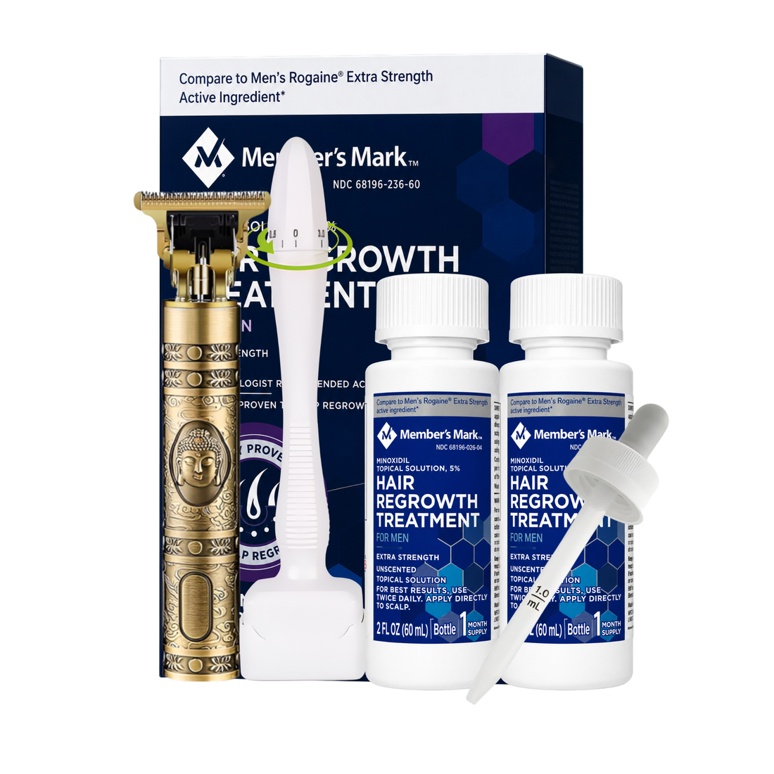 Minoxidil Member’s Mark 5% 2 meses + Dermaroller ajustable 05mm a 3 mm y Máquina Trimmer T9/T10